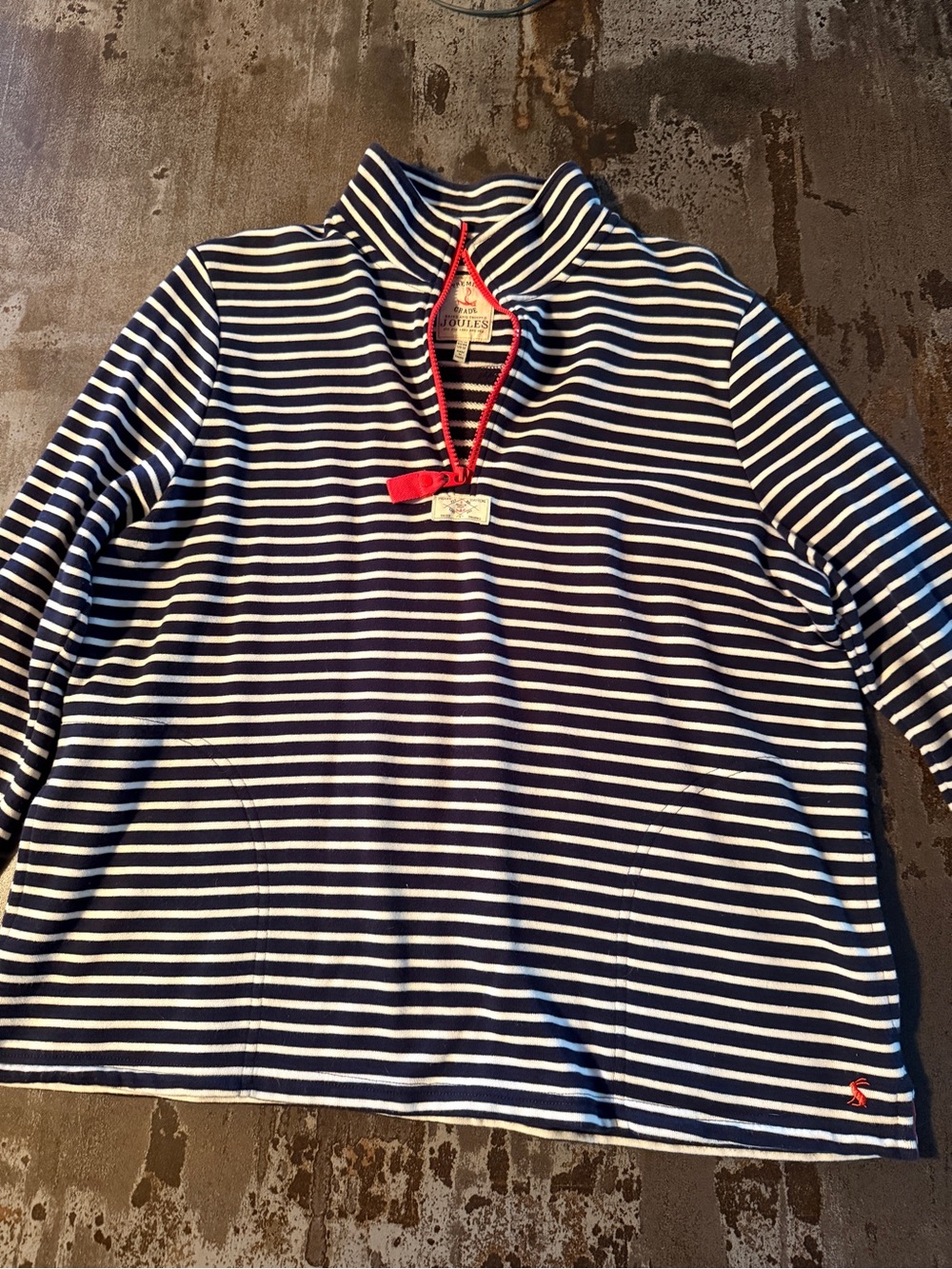 Ladies Navy & White Stripe Quarter-Zip Top with Red Trim